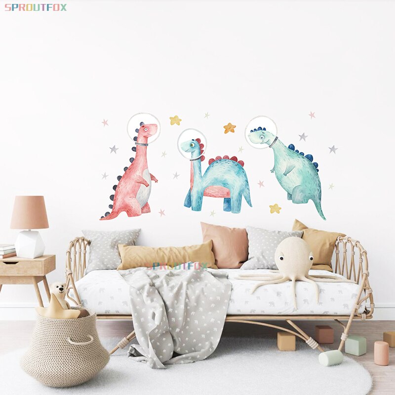 Cartoon Animals Dinosaur Astronaut Wall Sticker for Baby Kids Room Star Decals Bedroom Background Wallpaper Home Decoration