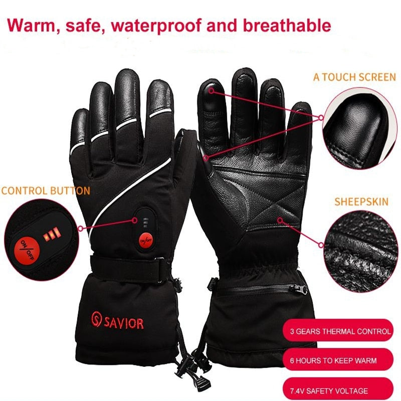 Savior Winter Heated Gloves For Women Electric Heating Ski Gloves Men's Gloves For Sports Rechargeable Leather Thermal Mittens