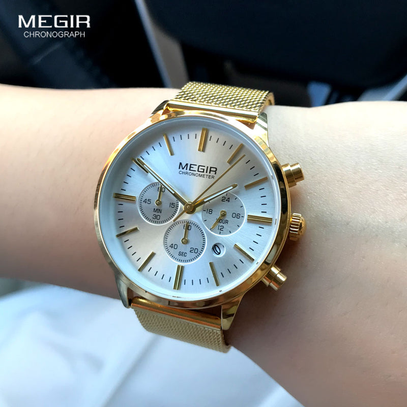 Megir Cronógrafo para mujer Indicador de fecha de manecillas luminosas Correa de malla de acero inoxidable Relojes de pulsera de cuarzo Lady Rose Gold M2011L-1