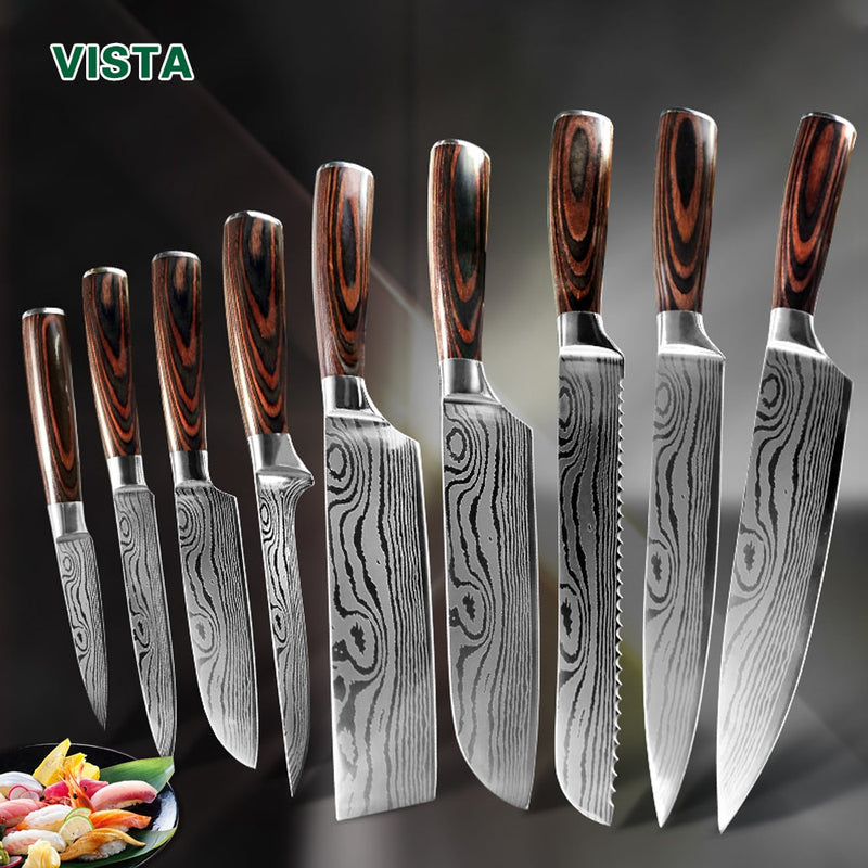 Cuchillo de cocina 1-9 Uds cuchillos de Chef 7CR17 440C acero inoxidable de alto carbono Damasco dibujo Gyuto Cleaver Set rebanador cuchillo Santoku