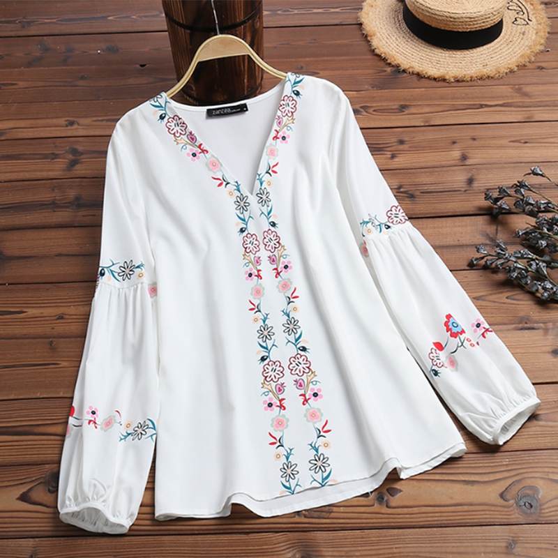 ZANZEA 2022 Fashion Printed Tops Women's Autumn Blouse Bohemian V Neck Long Sleeve Shirts Female Casual Loose Blusas Oversized