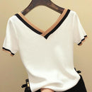 V-Neck Short Sleeve Shirt Women Contrast Color Striped Knitted 2023 Summer Tops Shirt Korean Clothes Femme Camisetas Mujer 13362