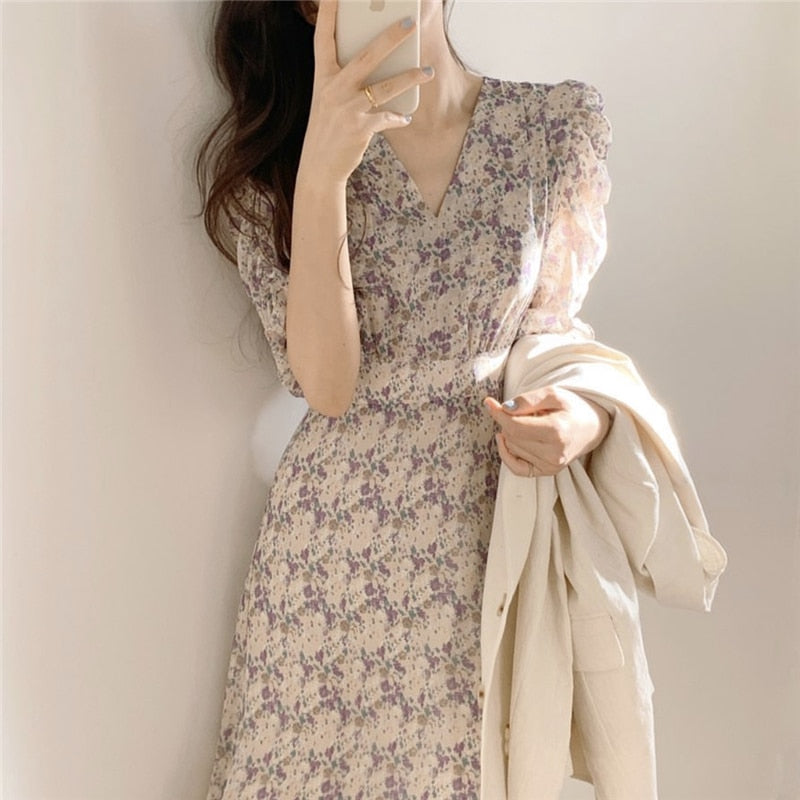 Vestido elegante de estilo coreano de verano 2022, vestido vintage con estampado Floral, cintura alta, cuello en V, manga corta, moda informal, vestidos hasta los tobillos