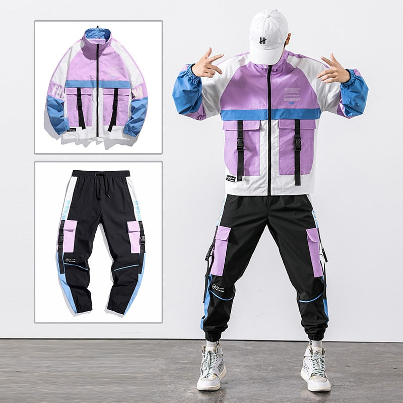 2023 Hip Hop Workwear jacket Mens Tracksuit Jacket+Pants 2PC Sets baseball loose Zipper Ribbons Coat &amp; Long Pants Mens Clothes