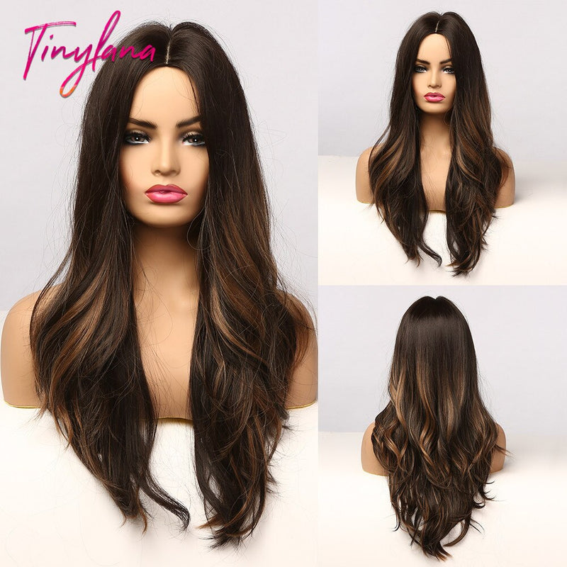 Long Synthetic Brown Blonde Water Wavy Gloden Highlight Wigs Middle Part Heat Resistant Cosplay Natural Hair for Black Women