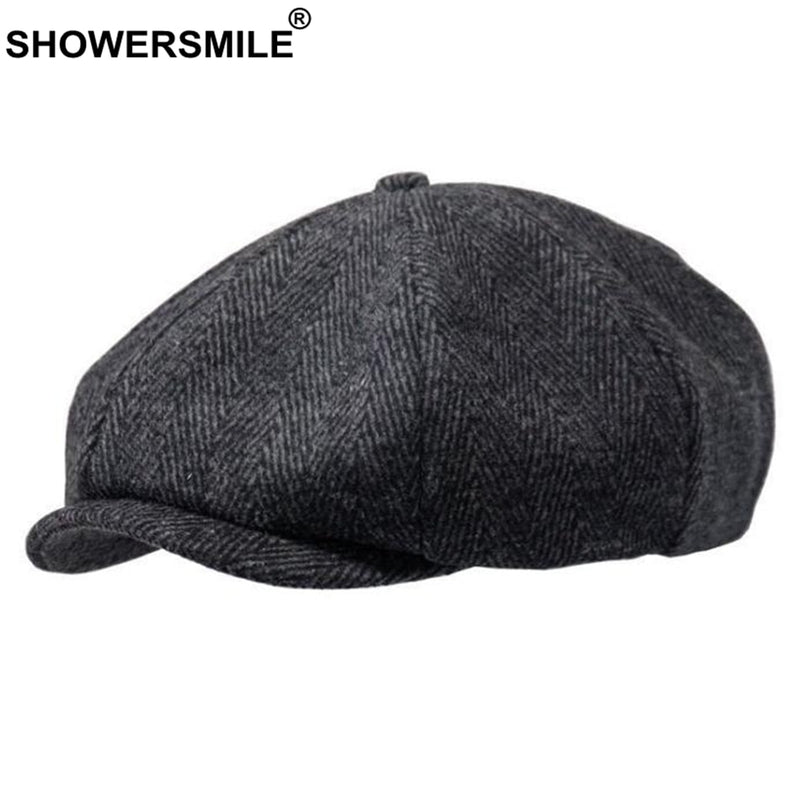 SHOWERSMILE marca lana Newsboy gorras hombres gris espiga gorras planas mujeres café británico Gatsby gorra Otoño Invierno sombreros de lana