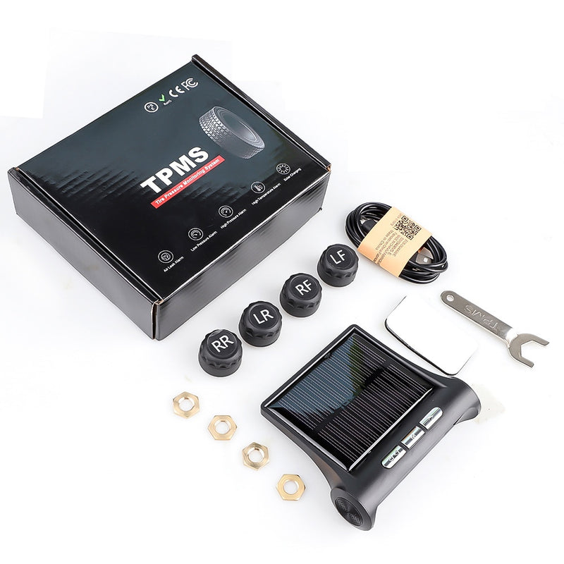 433.92MHZ Car TPMS Digital Solar Power Car Tire Pressure Monitoring System With 4 Sensors USB Auto Security Alarm tool PSI BAR