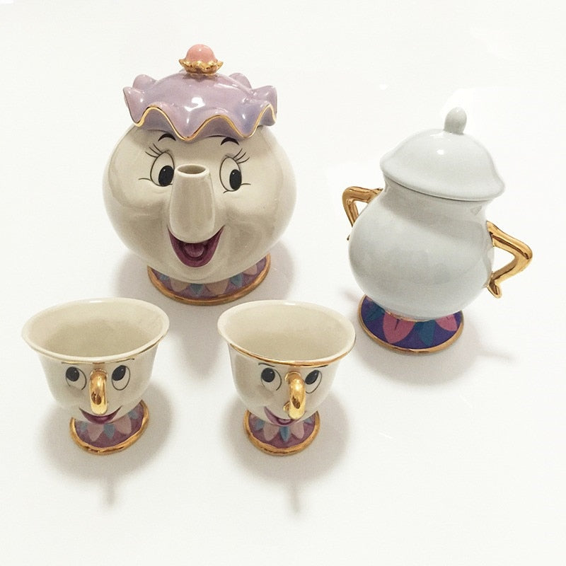 Taza de tetera de La Bella y La Bestia de dibujos animados, juego de tazas de té con Chip de la Sra. Potts, regalo de porcelana Cogsworth, esmalte pintado chapado en oro de 18 quilates