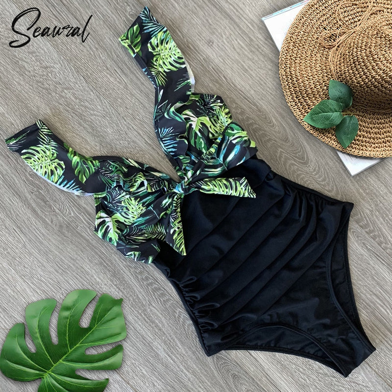 2020 Sexy New Ruffle One Piece Swimsuit Off The Shoulder Swimwear Women Swimsuit Deep-V Bathing Suits Beach Wear Swim Suit