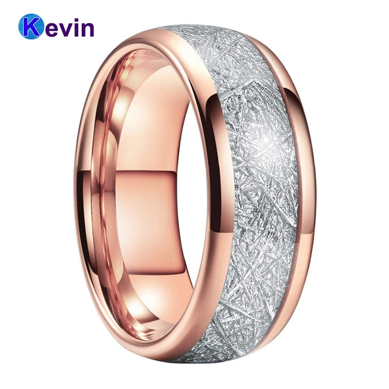 Rose Gold Womens Mens Weding Band Tungsten Ring Dome Band White Meteorite Inlay 6MM 8MM Comfort Fit