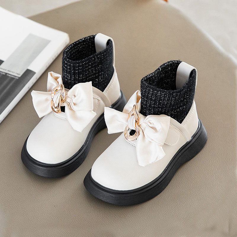 Little Kid Knit Ankle Pu Boots For Girl Metal Buckle Bow Shoes Slip On 2021 Winter Short Plush Warm Bbay Child Boot Size 21-30