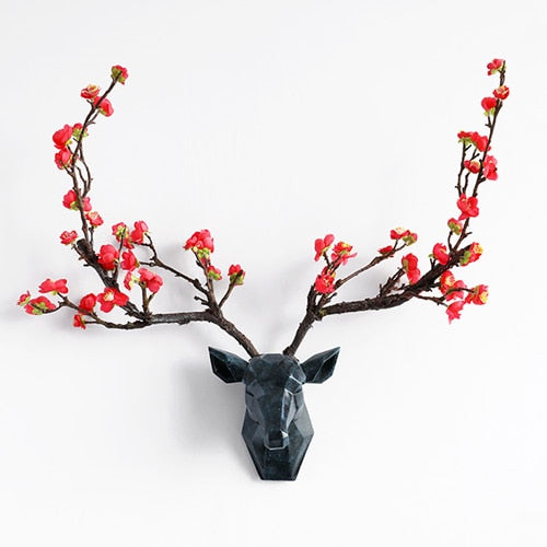 Cabeza de ciervo con asta de flores decoración de pared 3d Animal moderno escuchar decoraciones para el hogar escultura abstracta estatua de pared para regalo