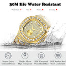 MISSFOX Luxury Men Watch Gold 18K Model Fully Paved Baguette Diamond Mens Watches Waterproof Calendar Male Clock Hours