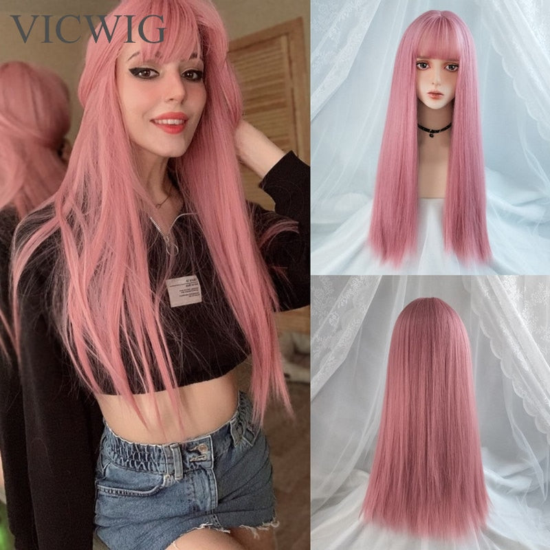 Peluca de Cosplay VICWIG con flequillo, pelo liso sintético, peluca rosa resistente al calor de 24 pulgadas de largo para mujer