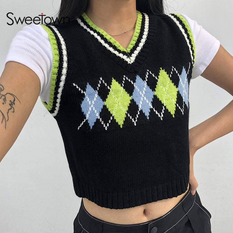 Camiseta sin mangas de punto a cuadros Sweetown Argyle, ropa de calle para mujer, ropa nueva de estilo pijo, prendas de punto recortadas con cuello de pico a rayas, chaleco tipo suéter de los años 90