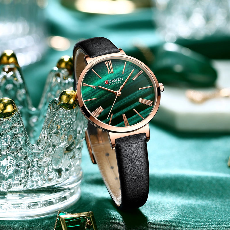 Relojes de lujo de moda CURREN para mujer, reloj de pulsera de cuarzo verde malaquita con reloj de cuero para mujer