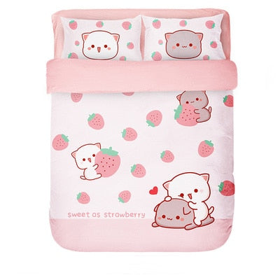 Juego de 4 Uds. De sábanas de cama de gato Kawaii, juego de cama de algodón, funda de edredón suave, tamaño doble Queen para niñas, sábanas y fundas de almohada
