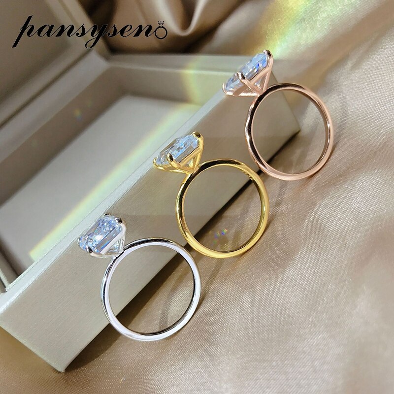 PANSYSEN White/Yellow/Rose Gold Color Luxury 8x10MM Emerald Cut AAA Zircon Rings for Women 100% 925 Sterling Silver Fine Jewelry