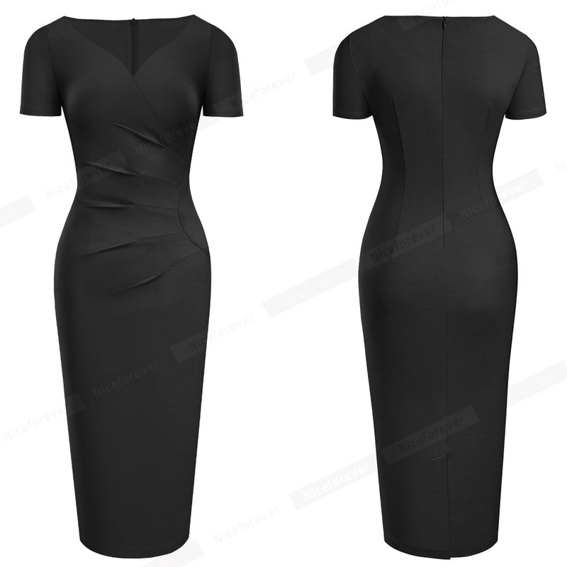 Nice-forever Summer Women Elegant Pure Color Office Dresses Formal Business Party Slim Fitted Dress B621