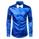 2pcs Silver Silk Shirt+Tie Mens Satin Smooth Tuxedo Shirts Casual Button Down Men Dress Shirts Wedding Party Prom Chemise Homme