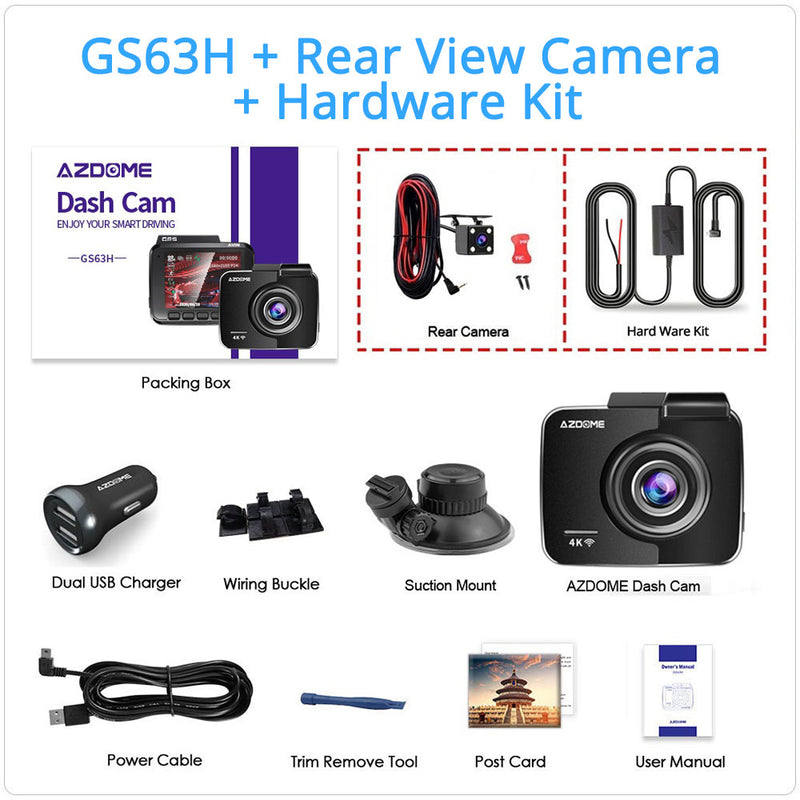 Cámara de salpicadero de coche AZDOME GS63H 4K 2160P cámara de salpicadero era lente Dual integrada GPS DVR grabadora Dashcam con WiFi g-sensor Grabación en bucle