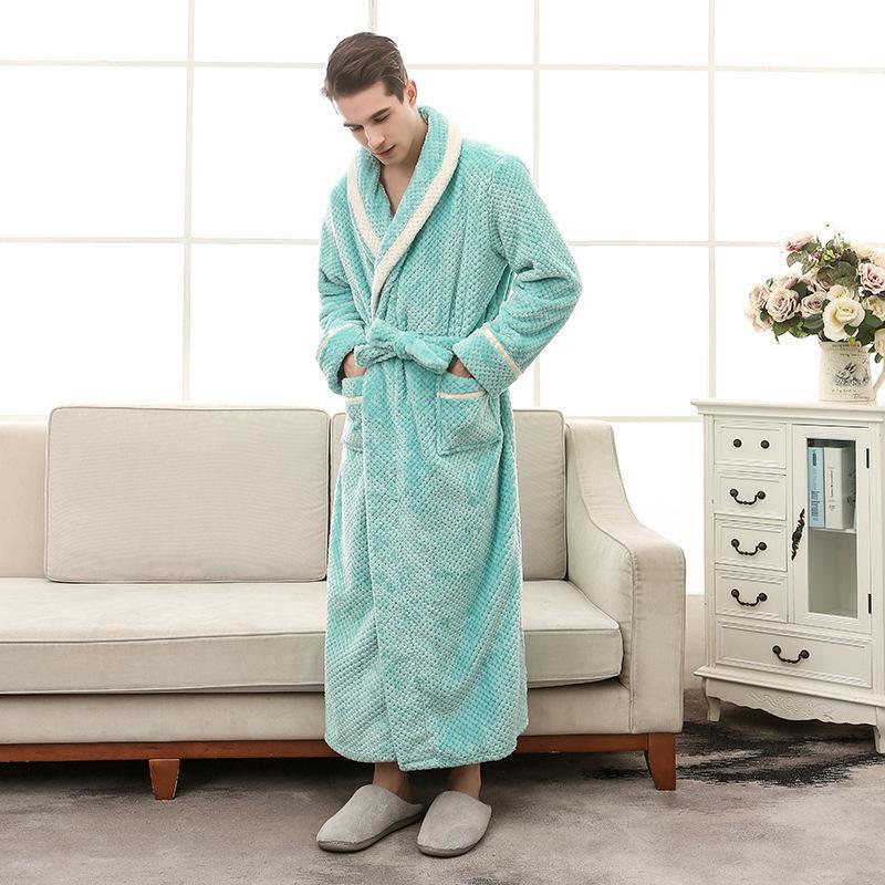 Men Plus Size 3XL Flannel Kimono Bath Gown Ultra Long Large Robe Coral Fleece Nightgown Lovers Couple Thick Warm Sleepwear MR001