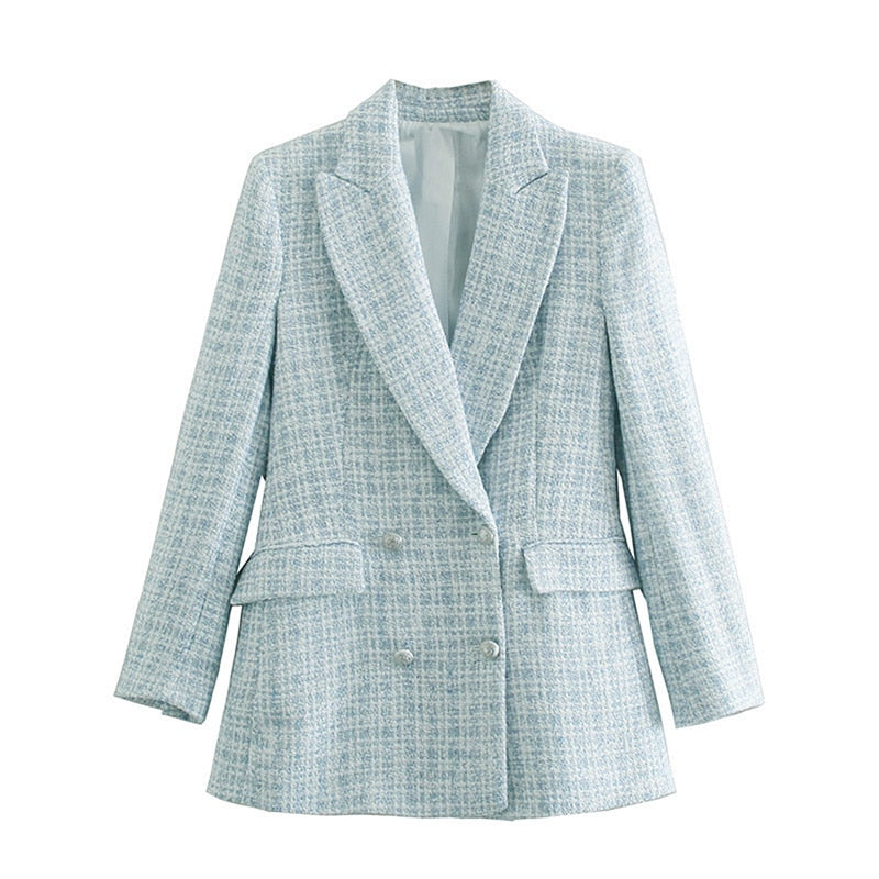 Za 2021 Women Suit Jacket Tweed Blazer Women Jacket Femme Plaszcz Wiosenny Damski Sobrecamisa Cuadros Plaid Checkered Blazer