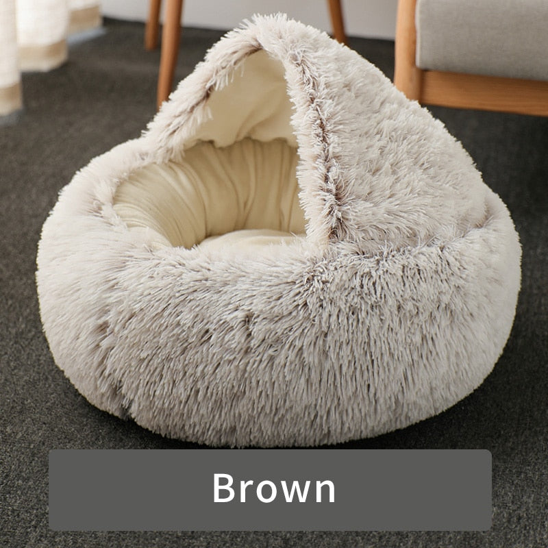 HOOPET Cat Bed Round Cat Nest Puppy Cave Long Plush Pet Bed Warm Cats Bed 2-In-1 Cat Cushion Sleeping Sofa