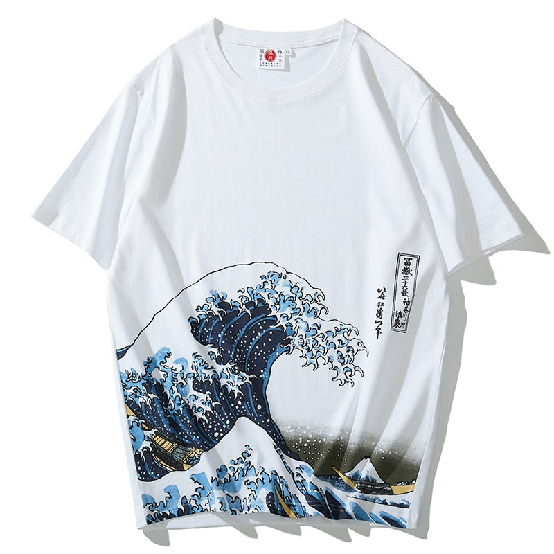 Sommer-Kurzarm-T-Shirt der japanischen Modemarke Ukiyo-e Kanagawa aus Baumwolle mit Rundhalsausschnitt und Persönlichkeit im Retro-Stil für Herren im Meereswellentrend