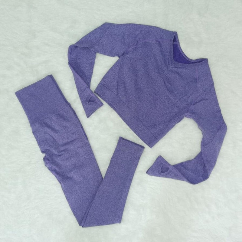 Conjunto de Yoga sin costuras para mujer, mallas de gimnasio de cintura alta a prueba de sentadillas, camisetas, camisetas de manga larga, conjuntos deportivos de entrenamiento de Fitness