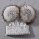 Double Real Raccoon Fur Pompom Hat Women Winter Caps Knitted Wool Hats Skullies Beanies Girls Female Two Fur Pom Pom Beanie Hat