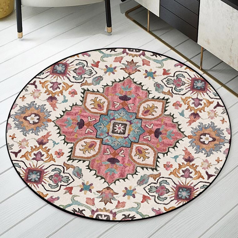 Alfombra de estilo étnico indio, alfombra para sala de estar, patrón de flores, alfombra redonda para habitaciones, podría lavarse mecánicamente