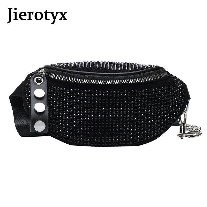 JIEROTYX Mode Strass Frauen Tasche Gürteltasche Gürteltaschen Brust Hüfttasche Reise Lässig Weibliche Kettenriemen Punk Gürteltasche