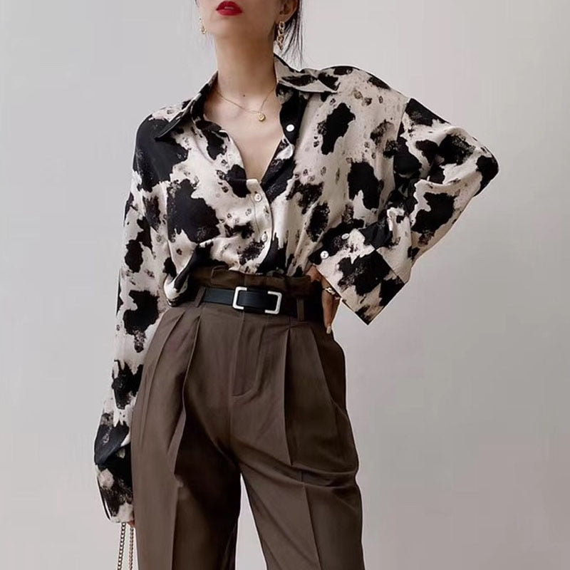 Cow Print Button Up Shirts Women Long Sleeve Blouse Korean Fashion Clothes Chiffon Streetwear Plus Size Tops Spring New 13486