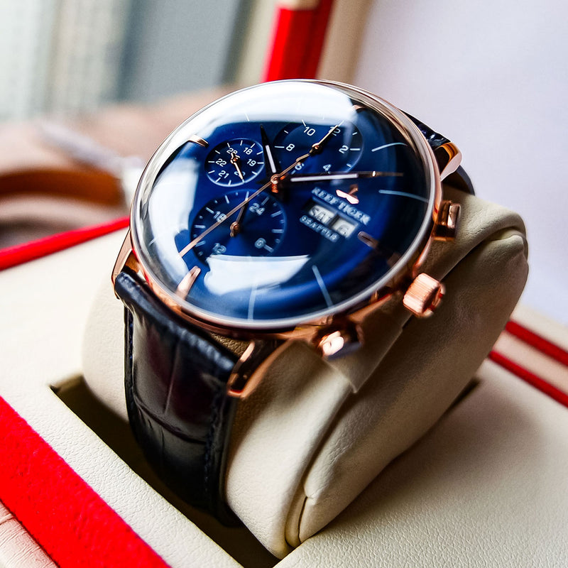 Reloj de marca de lujo para hombre 2021 Reef Tiger/RT, relojes automáticos con función resistente al agua, correa de cuero azul, reloj Masculino RGA1699