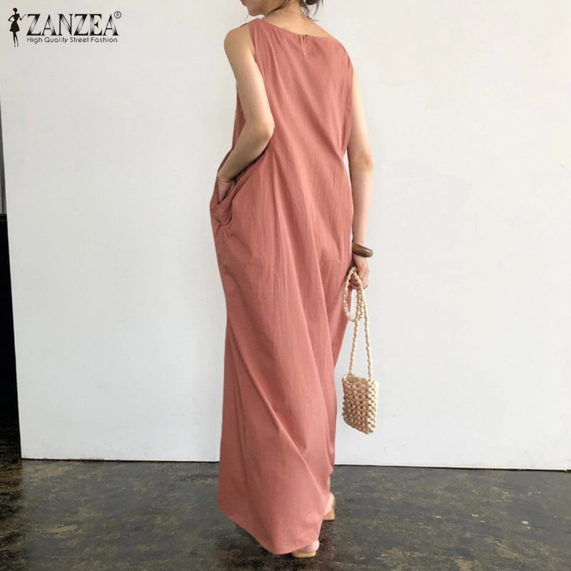 Elegante vestido Maxi sólido vestido de verano para mujer ZANZEA 2022 Casual sin mangas sarafans Vestidos mujer bata de algodón