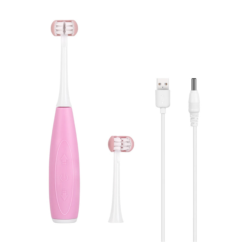 AZDENT 3 Seiten Kinder Kinder elektrische Schallzahnbürste 5 Modi U-Typ Zähne Zahnbürste 4 Köpfe 3h USB wiederaufladbar 25 Tage Gebrauch