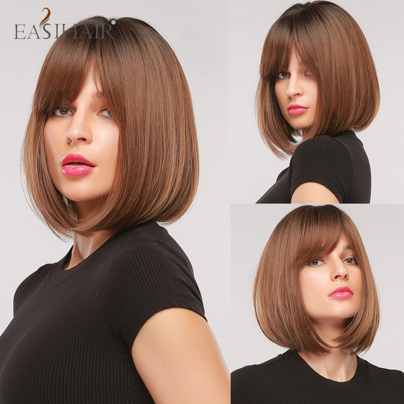 EASIHAIR Dark Brown Short BoBo Wigs with Bangs Heat Resistant Synthetic Hair Wigs Cosplay Lolita Female Wigs for Women