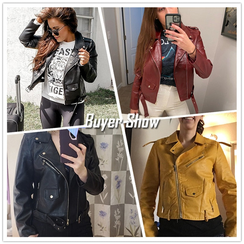 FTLZZ New Women Pu Leather Jacket Fashion Bright Color Black Motor Coats Short Faux Leather Biker Jackets Coat Female