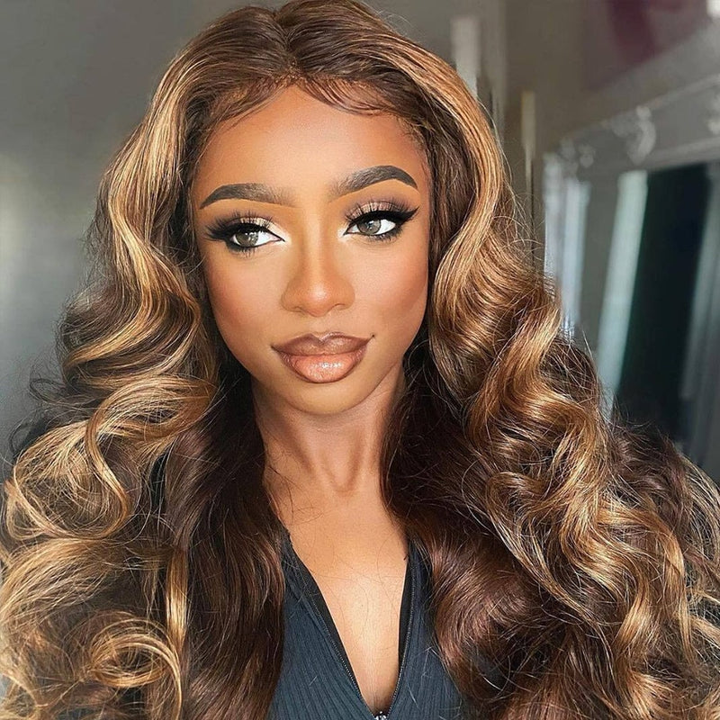 30 Inch Body Wave Wig For Black Women 13x1 Ombre Honey Blonde Brown Loose Deep Long Frontal Highlight Lace Front Human Hair Wigs