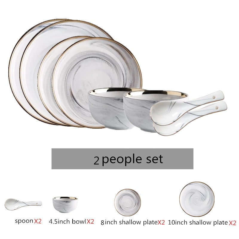 Gold Marble Ceramic Food Tray Kitchen Dinner Plates Dishes Rice Salad Noodles Soup Bowl Spoons Kitchen Cook Tool