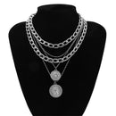 IngeSight.Z Punk Multi Layer Curb Cuban Chunky Thick Portrait Choker Necklace Women Vintage Carved Coin Pendant Necklace Jewelry