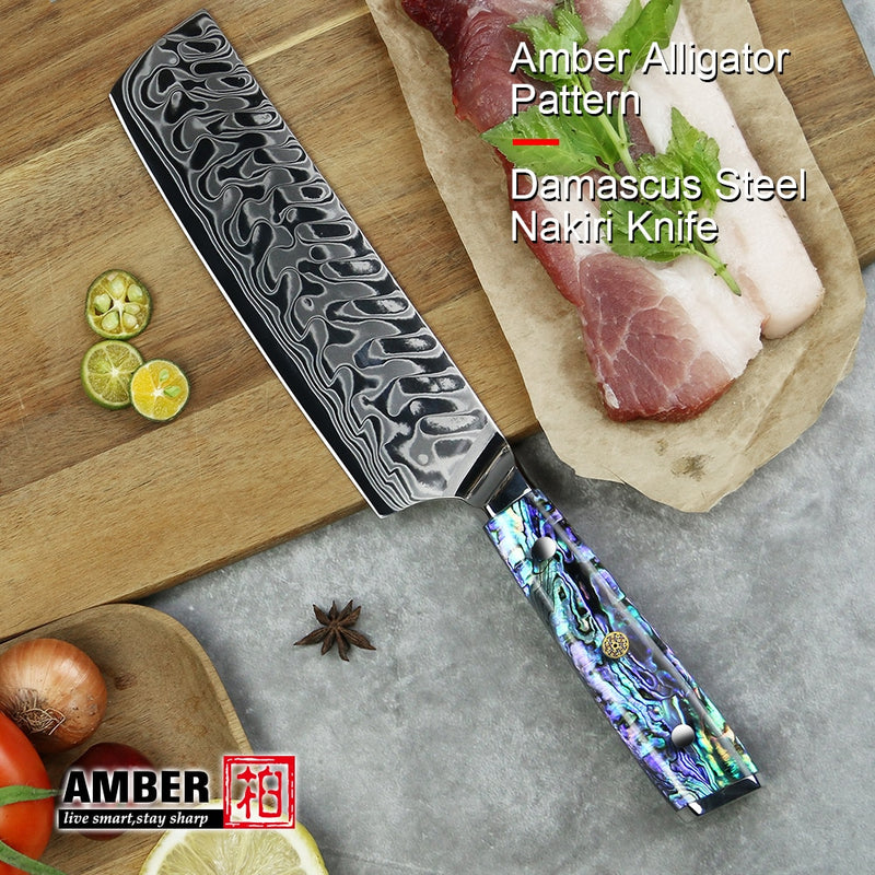 Patrón de cocodrilo ámbar 37 capas Damasco acero AUS10V núcleo cuchillo de cocina