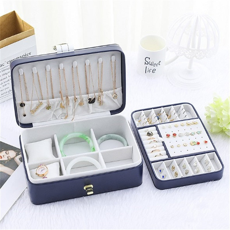 WE New Large Two Layer Jewelry Organizer Box with 56 Stud Jacks Smooth Leather Jewelry Storage Case Display Holder with Lock