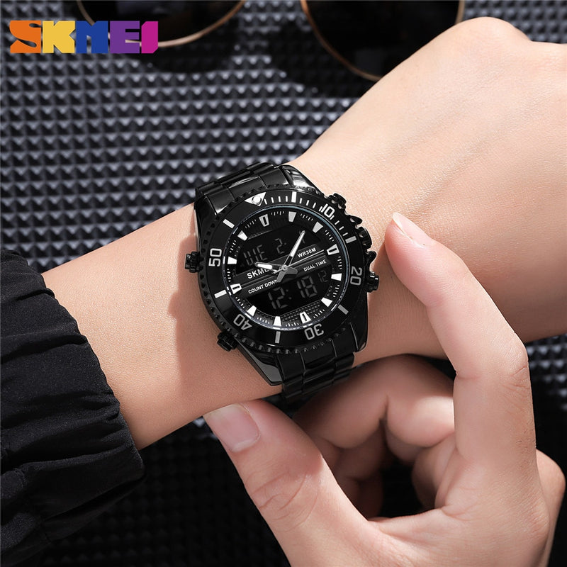 Relojes SKMEI de doble pantalla para hombre, relojes de pulsera digitales a la moda, reloj cronógrafo para hombre, reloj resistente al agua de acero inoxidable, reloj Masculino