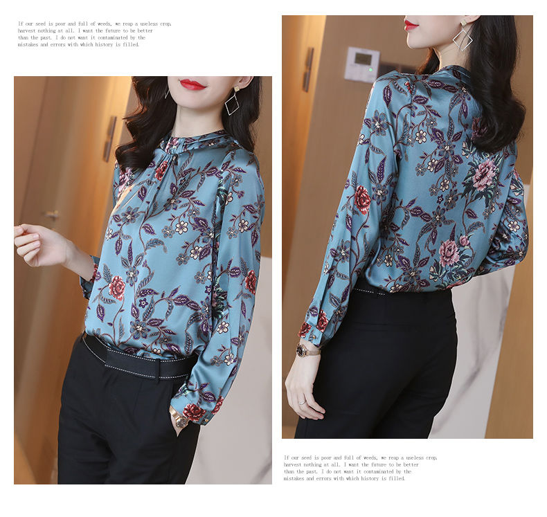 Slim Long-sleeved Slim Shirt Female Printed Round Neck Undecorated Retro Fashion Casual Pullover Chiffon Blouses Women Spring