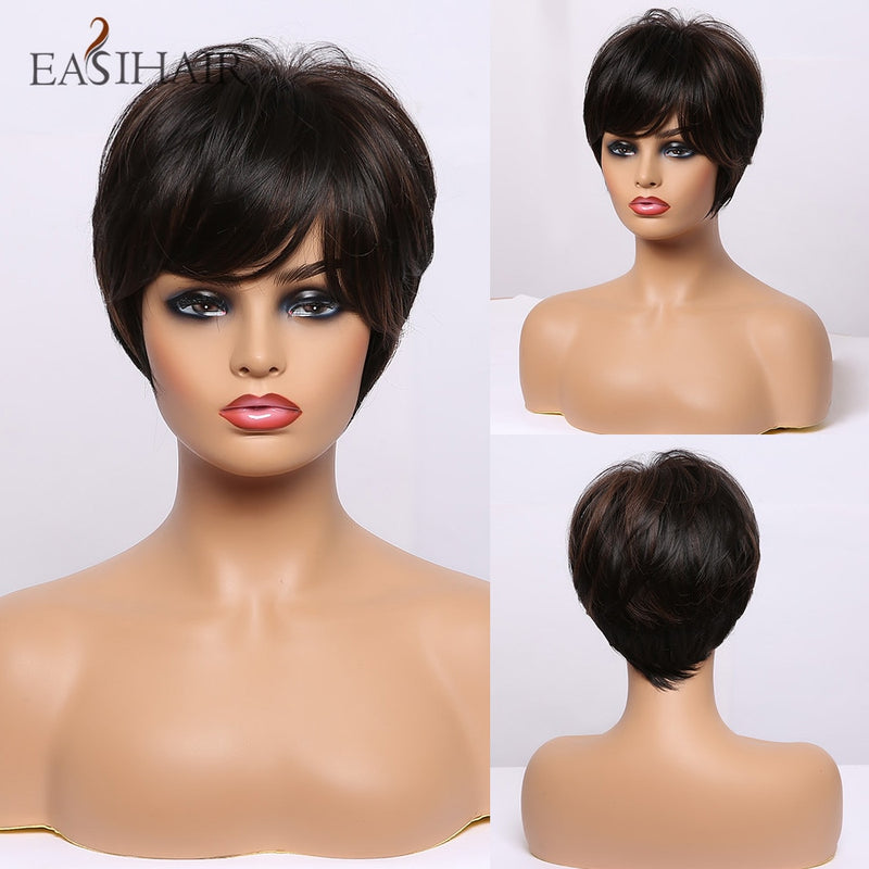 EASIHAIR Blonde Ombre Short Wigs Synthetic Hair Wigs for Women Natural Futura Hair With Bangs Daily Wigs Heat Resistant