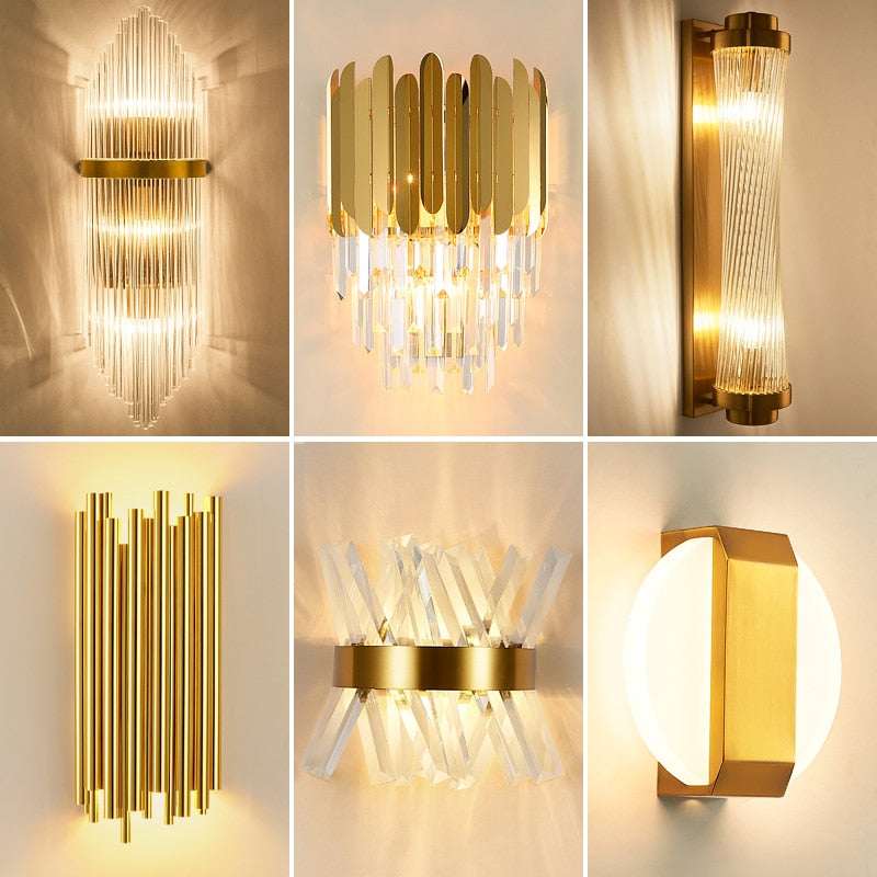 Envío rápido, luz de pared interior moderna de cristal dorado para dormitorio, mesita de noche, decoración de sala de estar, aplique LED, lámpara de baño