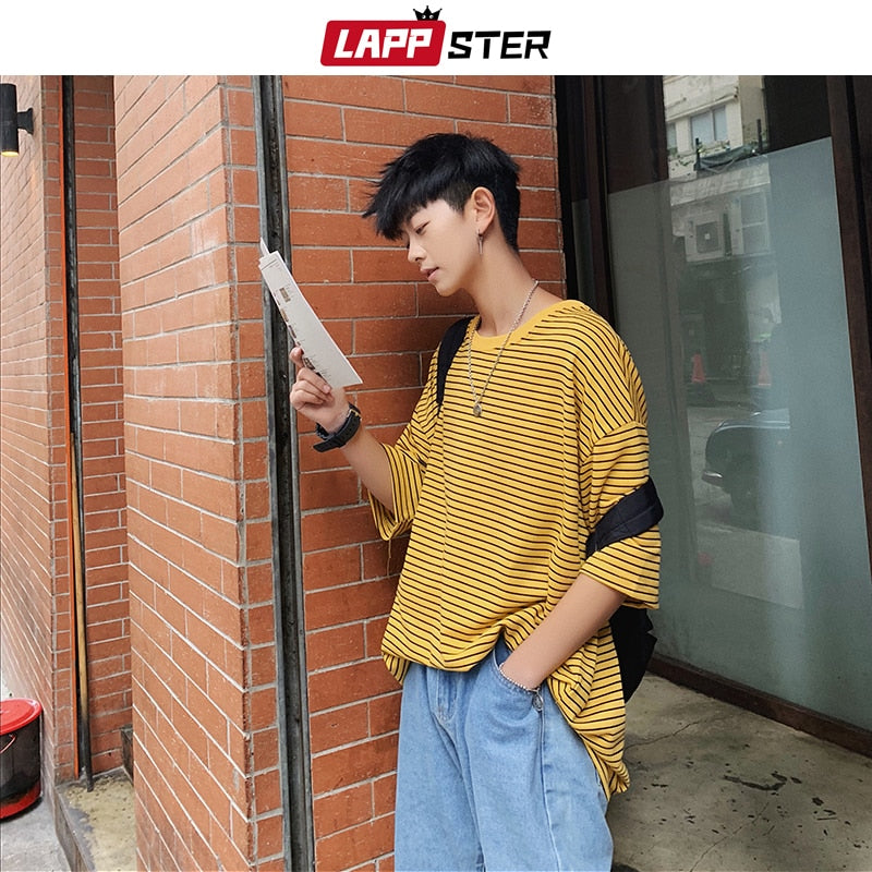 LAPPSTER Men Oversized Striped Tshirts 2022 Harajuku Cotton Tops Mens Colorful Yellow Tshirts Couple Streetwear T-shirts Tees