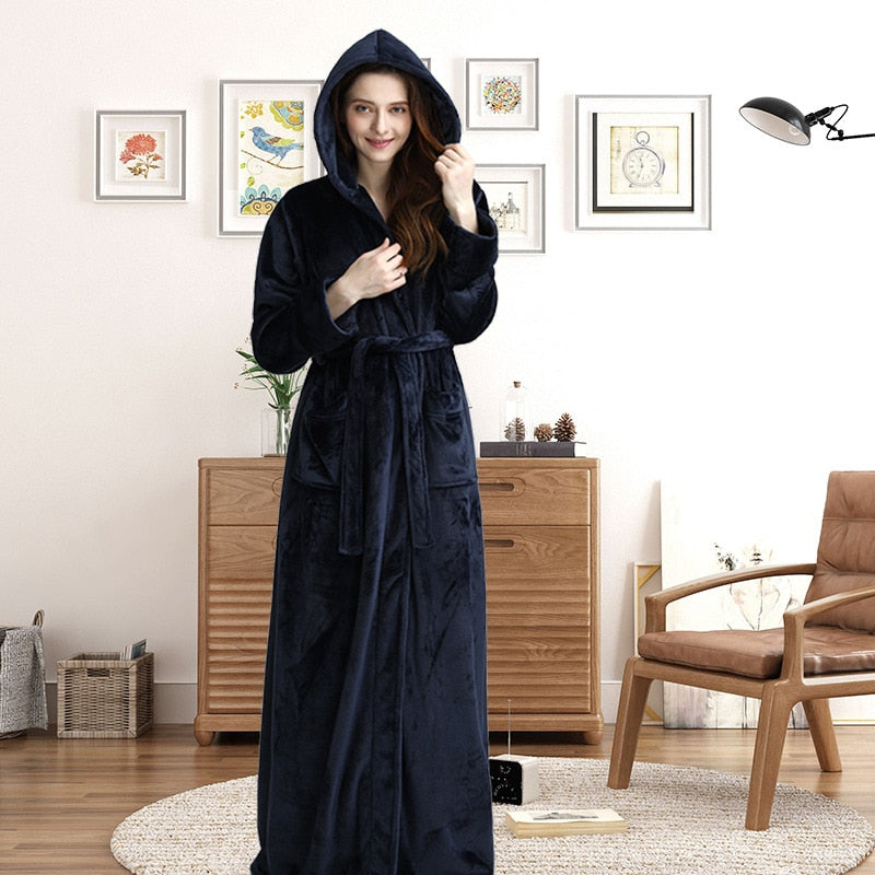 Women Men Winter Plus Size Flannel Robe Extra Long Hooded Warm Bathrobe Lovers Thick Kimono Bath Robe Male Dressing Gown Robes